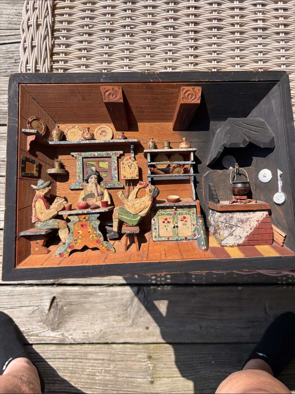 Folk Art Wooden 3D Shadow Box Scene with Painted Figures